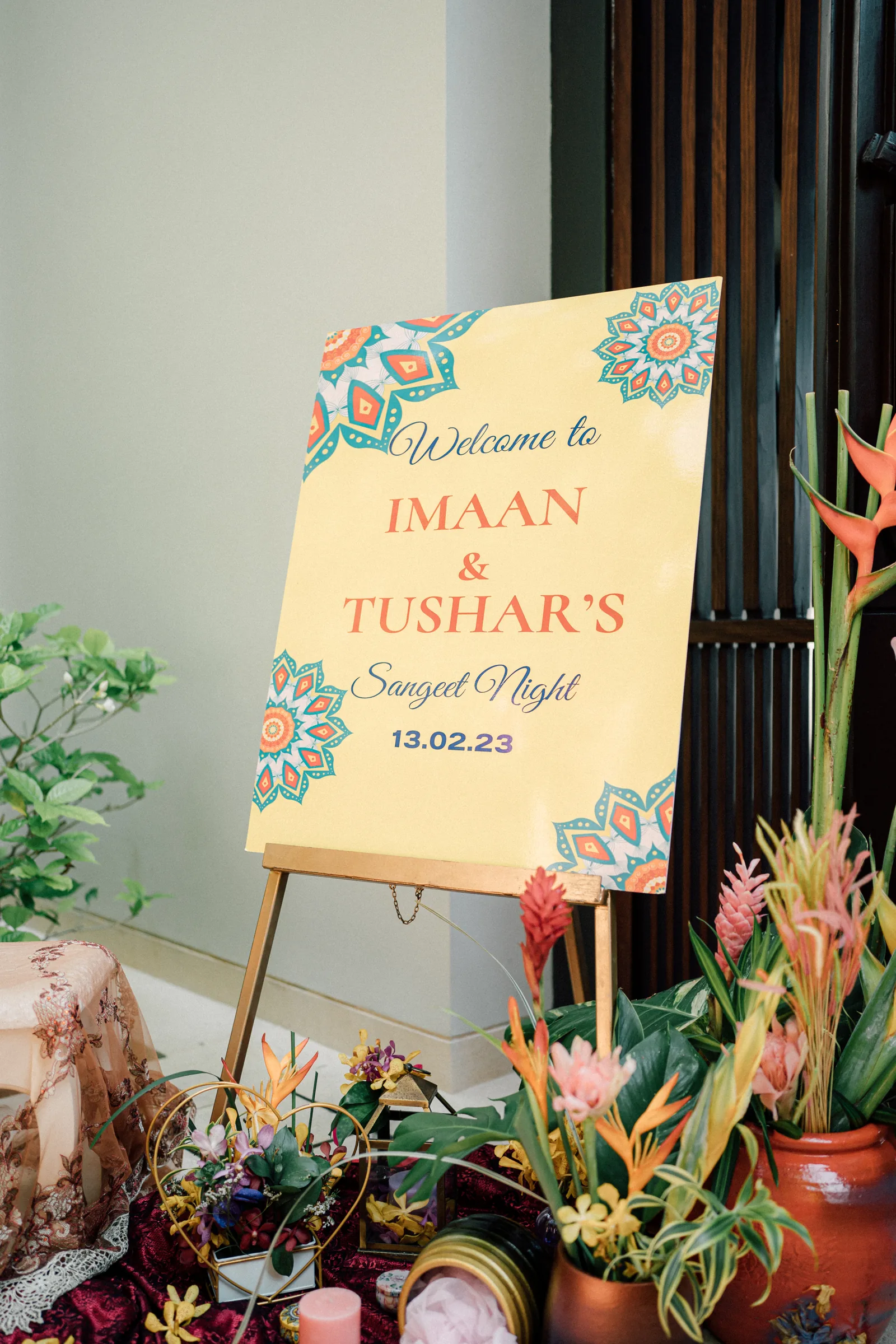 Tropical floral detail in saturated colour from Imaan and Tushar's Sangeet at Anantara Layan, by Wedding Flowers Phuket